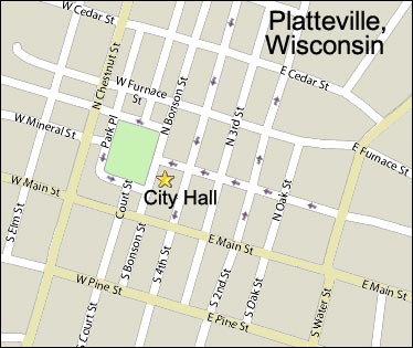 Platteville (WI) City Hall location map.  � 2011 Celeste Moore for 'Friends of Platteville Municipal Auditorium'