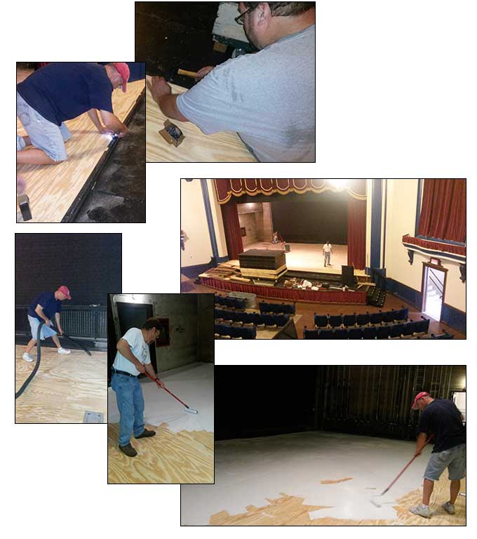 Dick Davies, Mike Humke, Mike Schmieder level and paint the stage floor.  � 2014 Celeste Moore